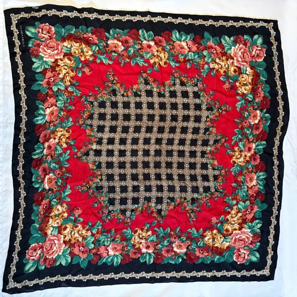Vintage Laura Ashley‎ Silk Floral Scarf Black Red Rose Square Whimsigoth 32x32